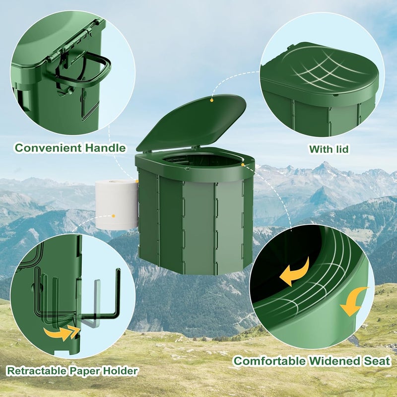 PAHTTO Portable Camping Toilet, Folding Toilet for Adults with Lid and Retractable Toilet Paper Holder, Waterproof Porta Potty with Carry Bag and Disposible Liners for Hiking, RV Travel, Road Trips, Green - Image 2
